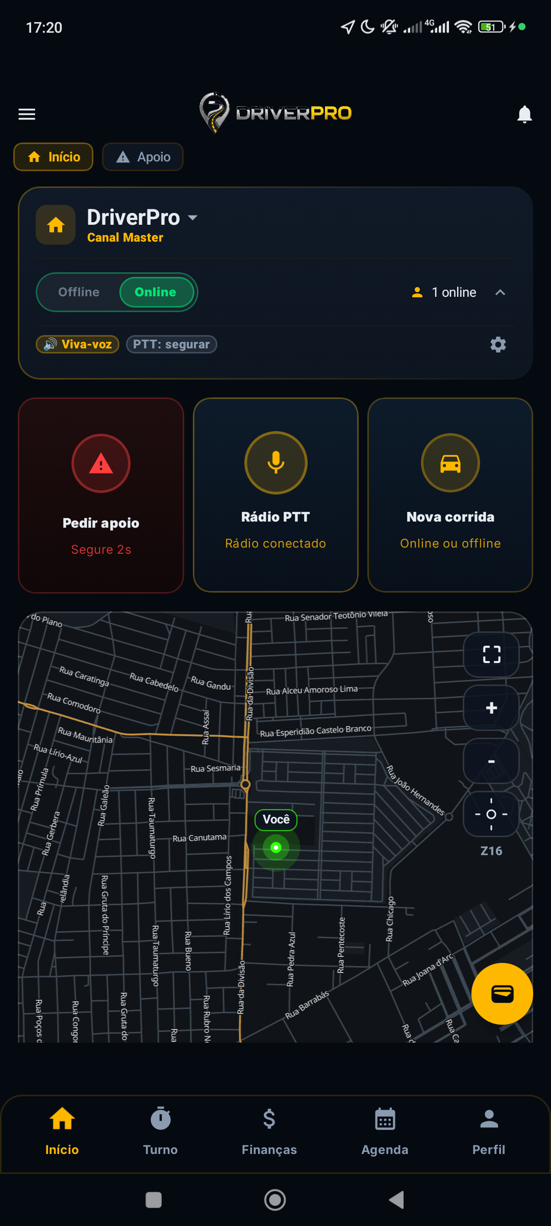 Tela da Canaleta no app DriverPro: mapa ao vivo, presença e rádio